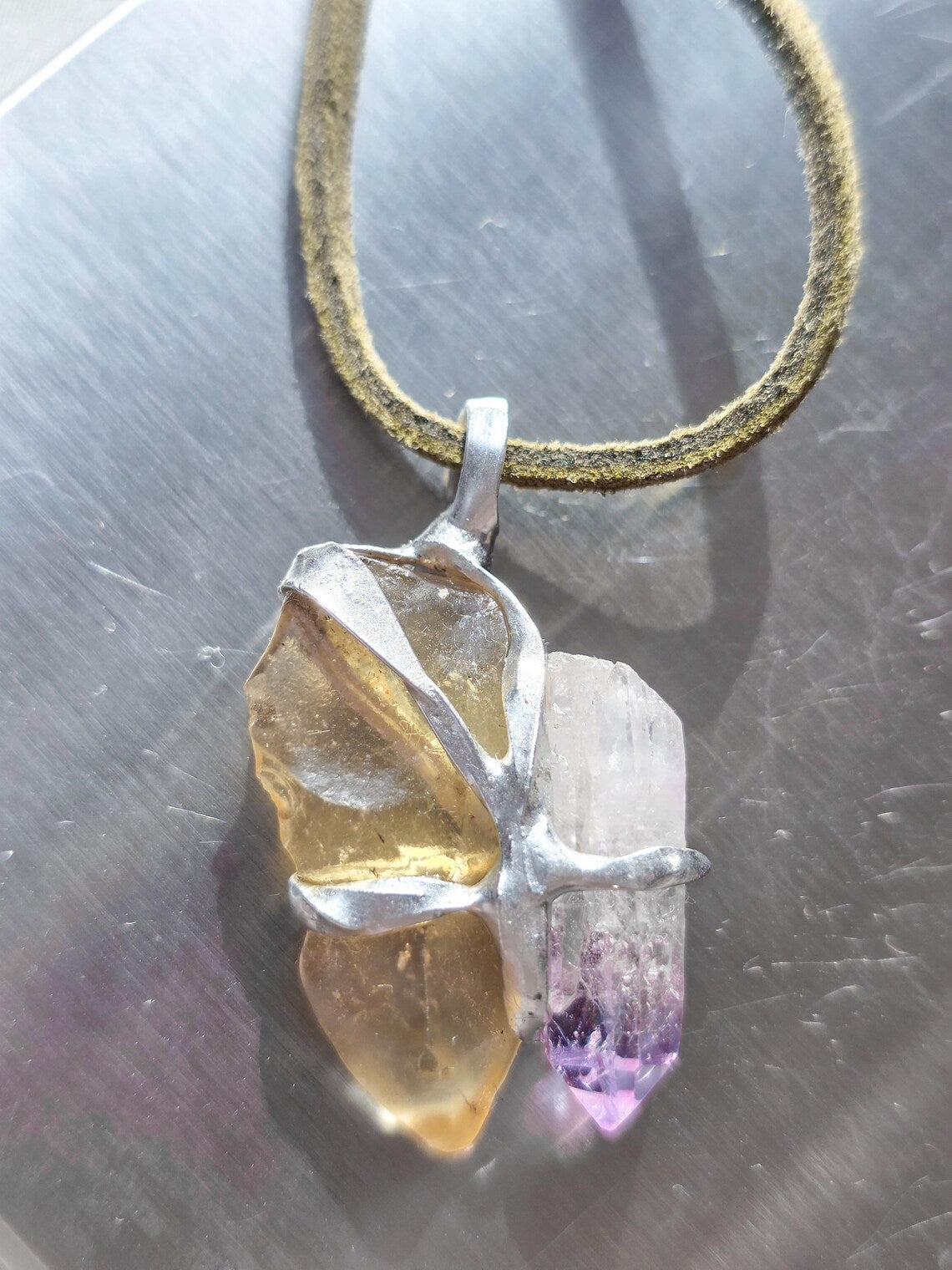 Libyan Desert Glass & Amethyst Pendant, 1.74g