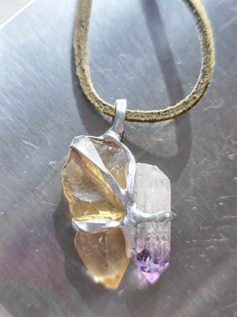 Libyan Desert Glass & Amethyst Pendant, 1.74g