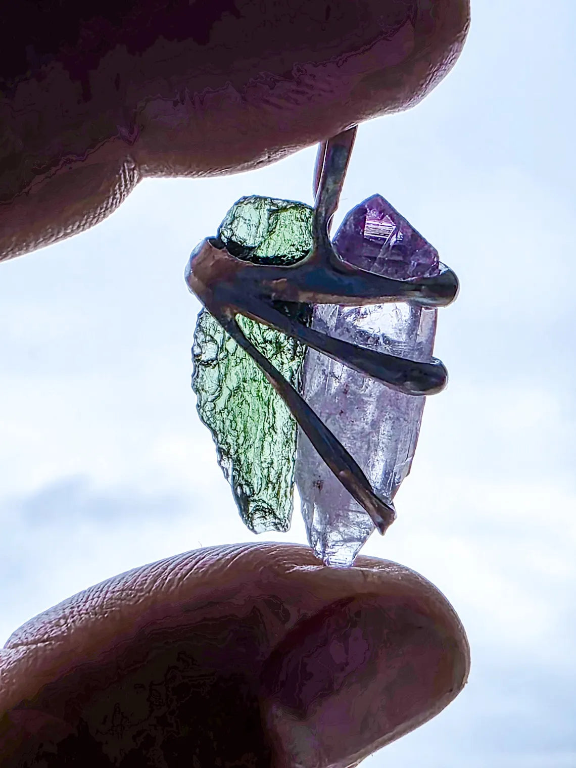 Harmony Pendant Moldavite & Amethyst, Nesměň, 0.95g