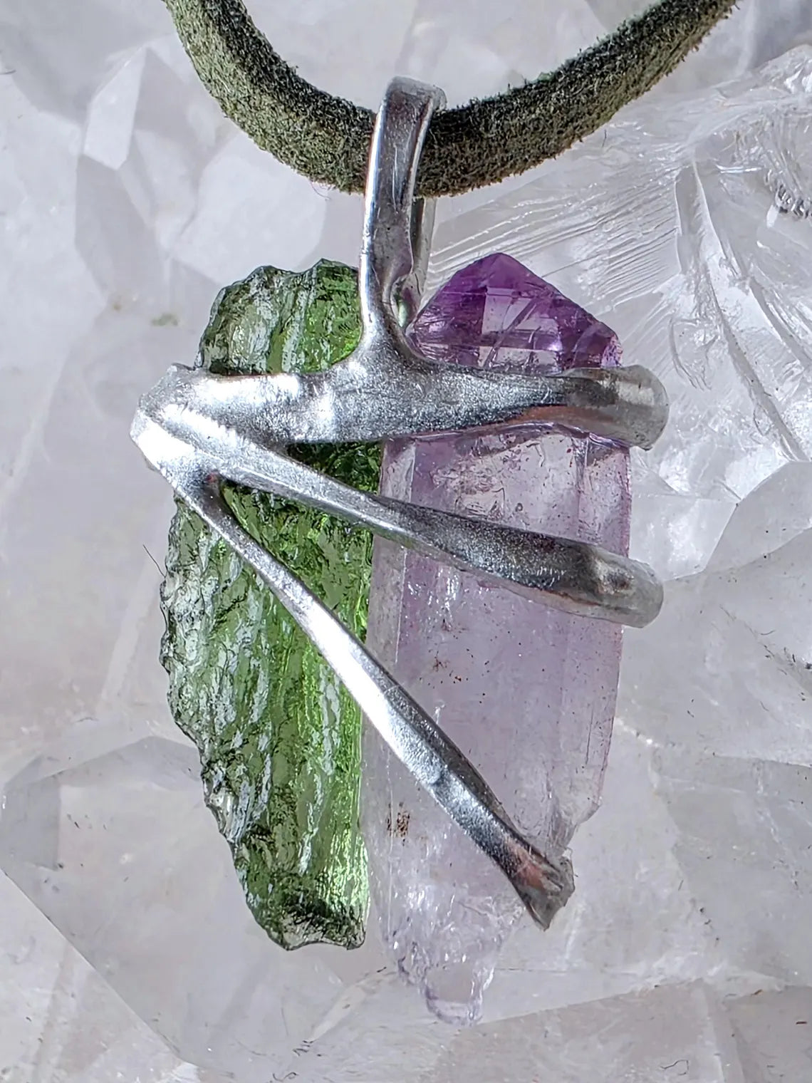 Harmony Pendant Moldavite & Amethyst, Nesměň, 0.95g