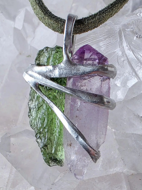 Harmony Pendant Moldavite & Amethyst, Nesměň, 0.95g