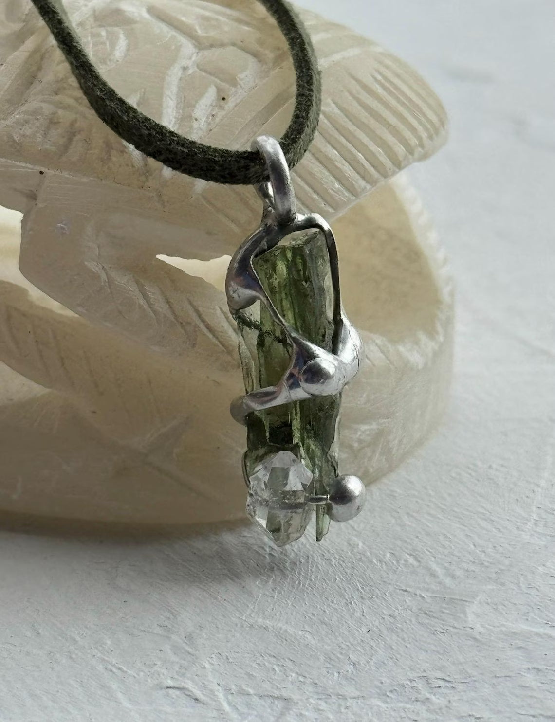 Moldavite & Herkimer Diamond Pendant, Chlum, 2.40g