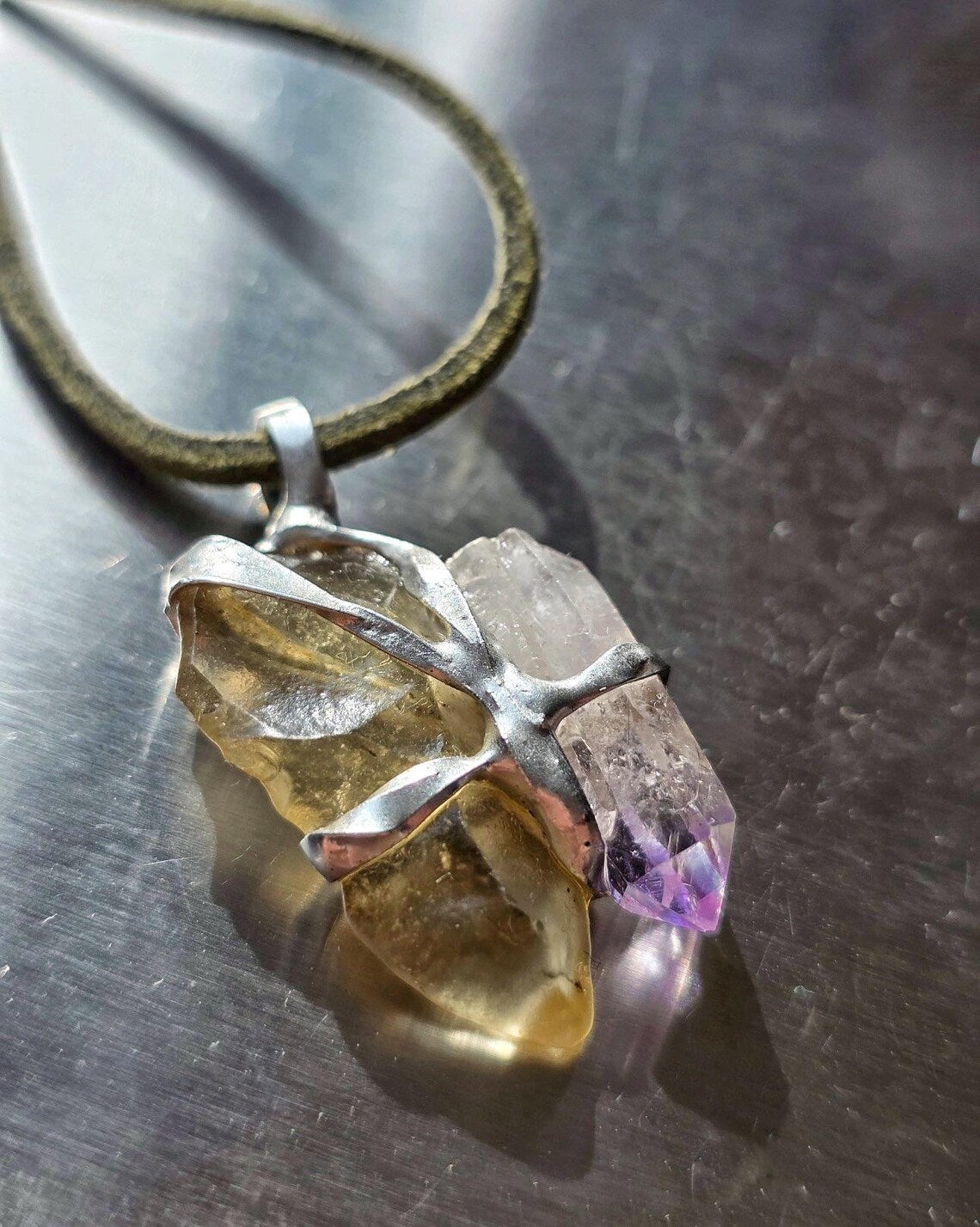 Libyan Desert Glass & Amethyst Pendant, 1.74g