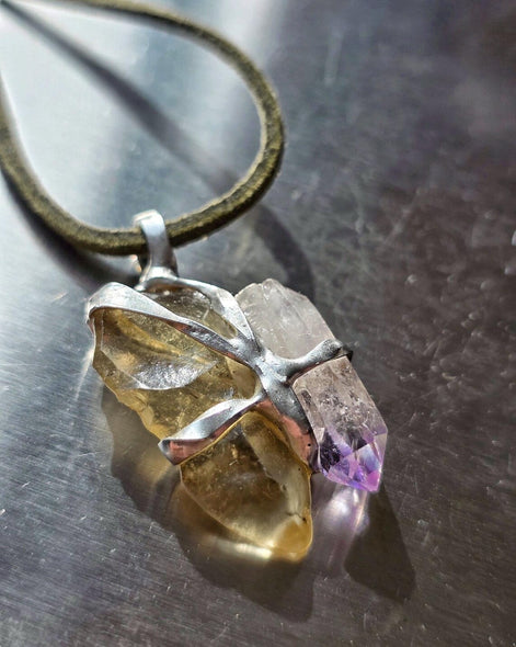 Libyan Desert Glass & Amethyst Pendant, 1.74g