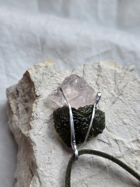 Elegant Moldavite & Rose Quartz Pendant, Ločenice, 2.28g