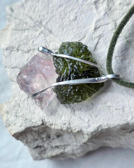Elegant Moldavite & Rose Quartz Pendant, Ločenice, 2.28g