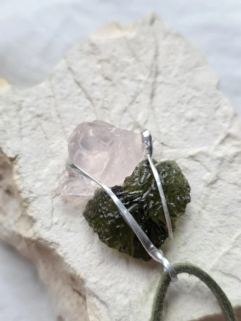 Elegant Moldavite & Rose Quartz Pendant, Ločenice, 2.28g