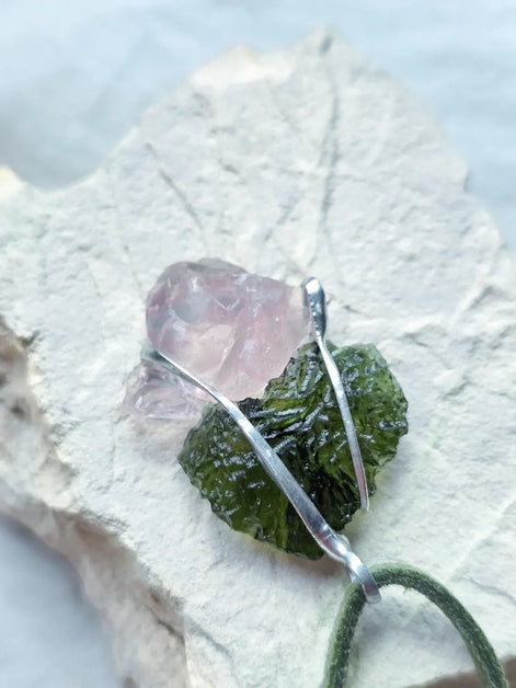 Elegant Moldavite & Rose Quartz Pendant, Ločenice, 2.28g