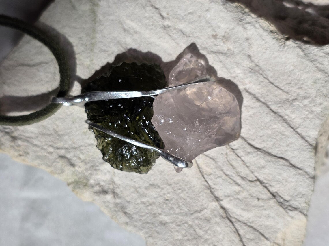Elegant Moldavite & Rose Quartz Pendant, Ločenice, 2.28g