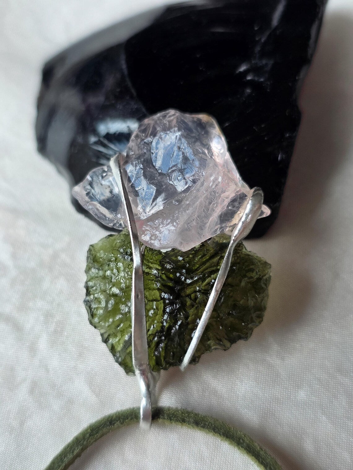Elegant Moldavite & Rose Quartz Pendant, Ločenice, 2.28g
