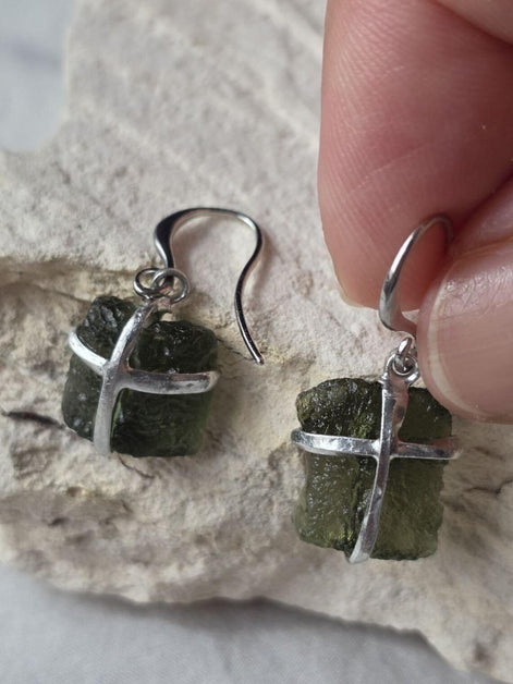 Raw Moldavite Earrings, Ločenice, 1.93g