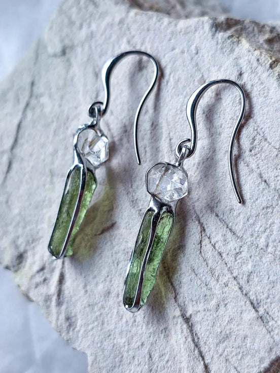 Raw Moldavite & Herkimer Diamond Earrings, 0.72g