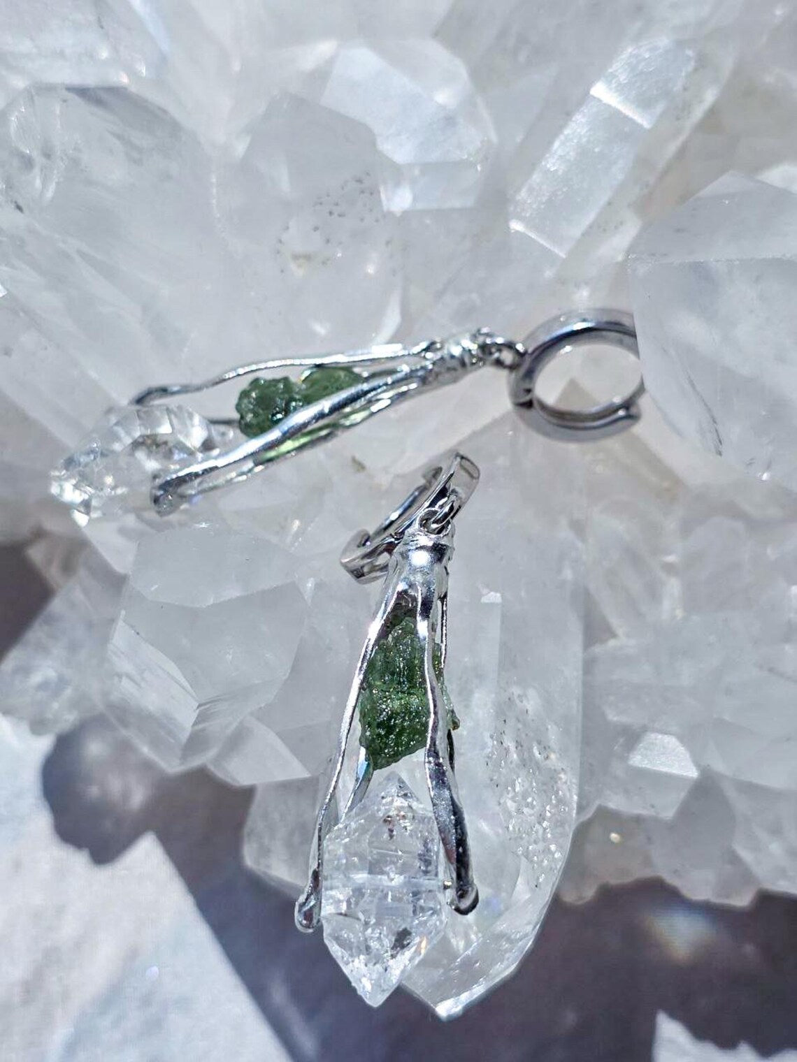 Raw Moldavite & Herkimer Diamond Earrings, Chlum, 0.90g
