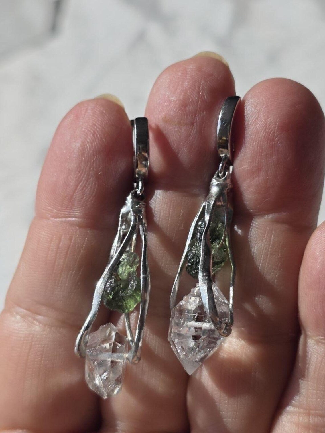 Raw Moldavite & Herkimer Diamond Earrings, Chlum, 0.90g