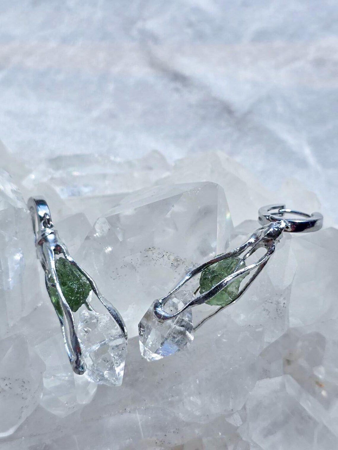 Raw Moldavite & Herkimer Diamond Earrings, Chlum, 0.90g