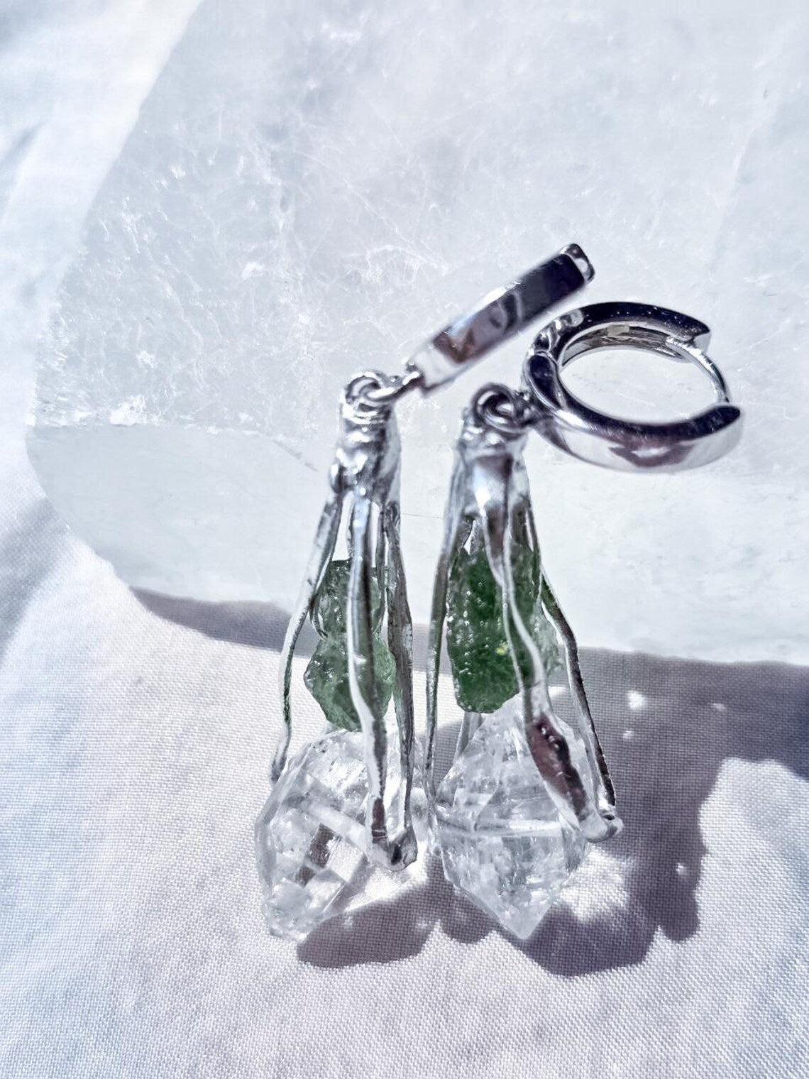 Raw Moldavite & Herkimer Diamond Earrings, Chlum, 0.90g