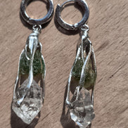 Raw Moldavite & Herkimer Diamond Earrings, Chlum, 0.90g