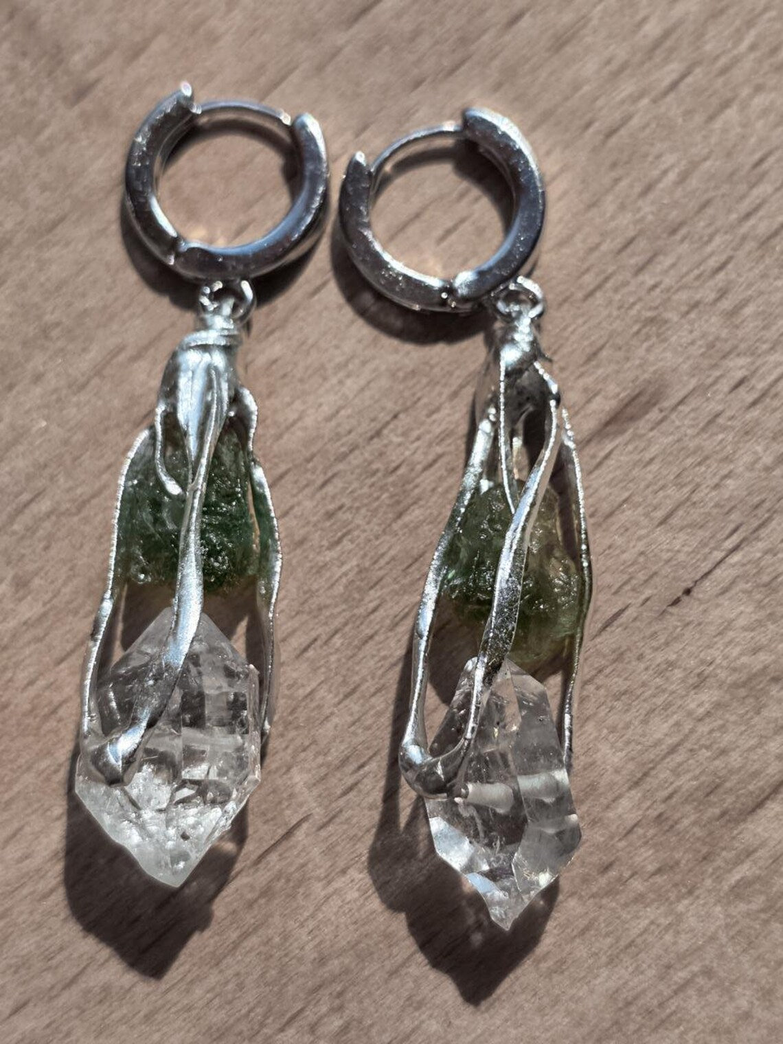 Raw Moldavite & Herkimer Diamond Earrings, Chlum, 0.90g