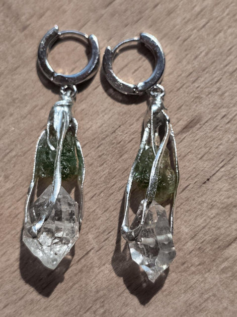 Raw Moldavite & Herkimer Diamond Earrings, Chlum, 0.90g
