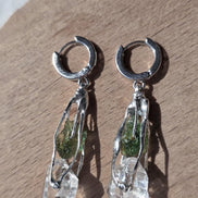 Raw Moldavite & Herkimer Diamond Earrings, Chlum, 0.90g