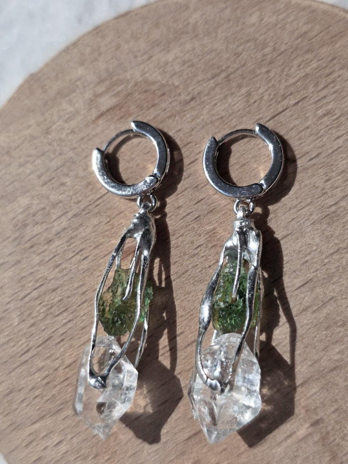 Raw Moldavite & Herkimer Diamond Earrings, Chlum, 0.90g