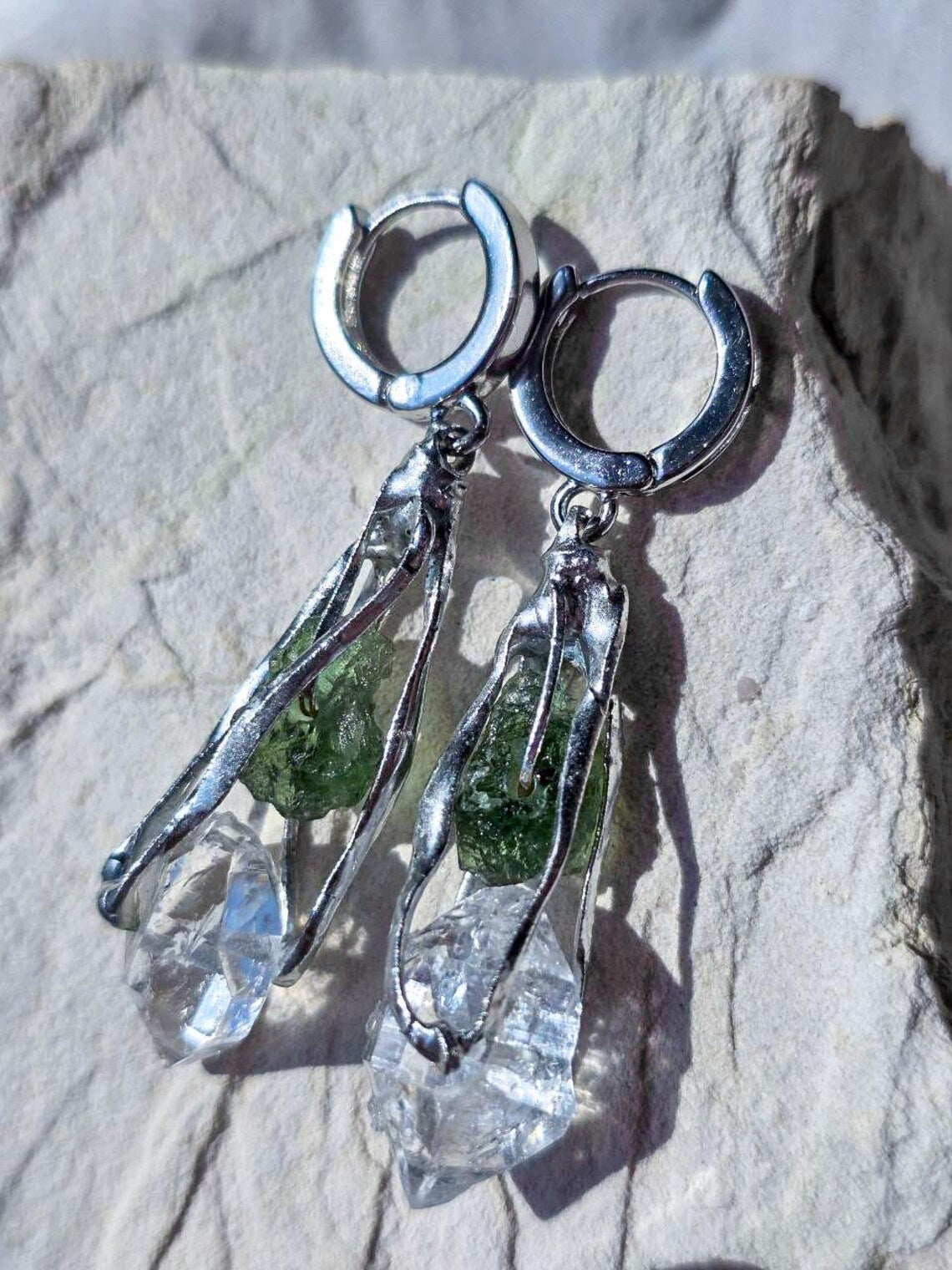 Raw Moldavite & Herkimer Diamond Earrings, Chlum, 0.90g