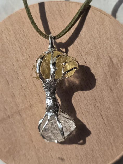 Libyan Desert Glass & Herkimer Diamond Tree Necklace