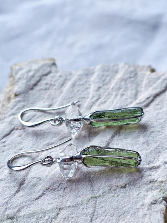 Raw Moldavite & Herkimer Diamond Earrings, 0.72g