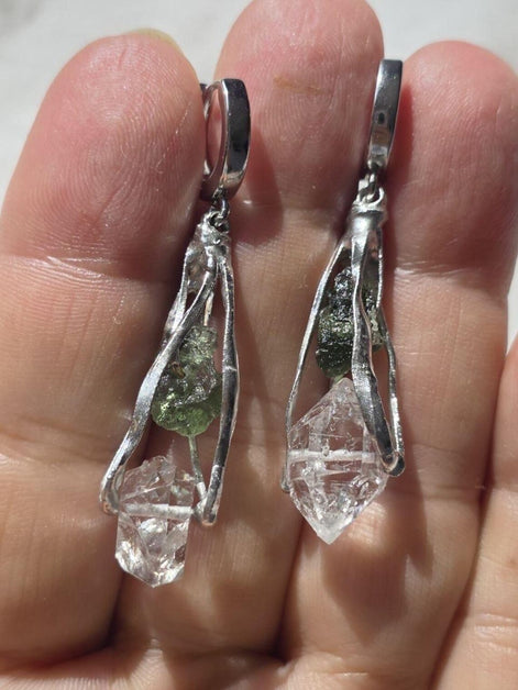 Raw Moldavite & Herkimer Diamond Earrings, Chlum, 0.90g