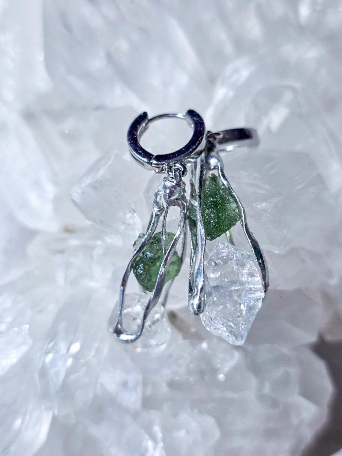 Raw Moldavite & Herkimer Diamond Earrings, Chlum, 0.90g