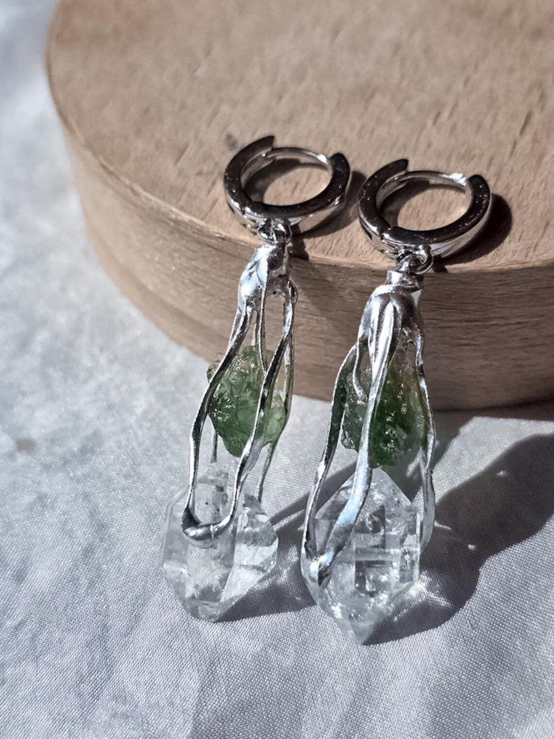 Raw Moldavite & Herkimer Diamond Earrings, Chlum, 0.90g