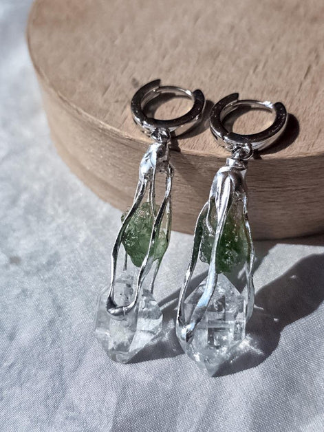 Raw Moldavite & Herkimer Diamond Earrings, Chlum, 0.90g