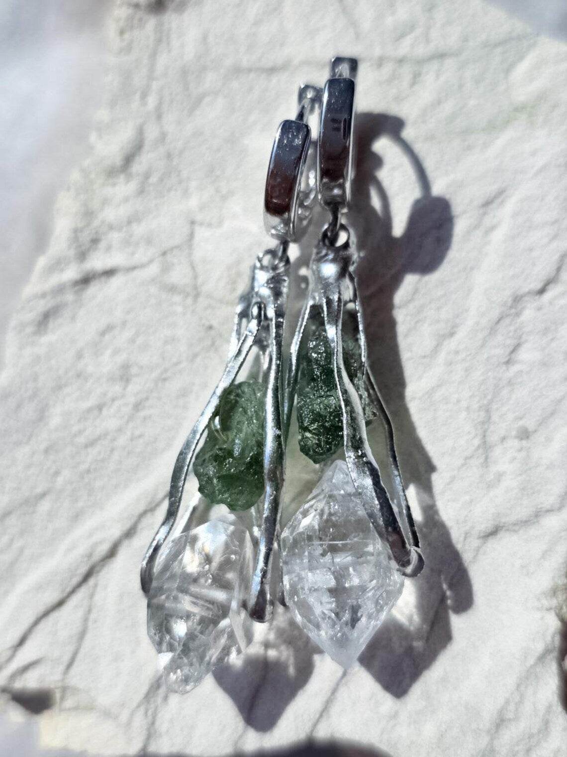 Raw Moldavite & Herkimer Diamond Earrings, Chlum, 0.90g
