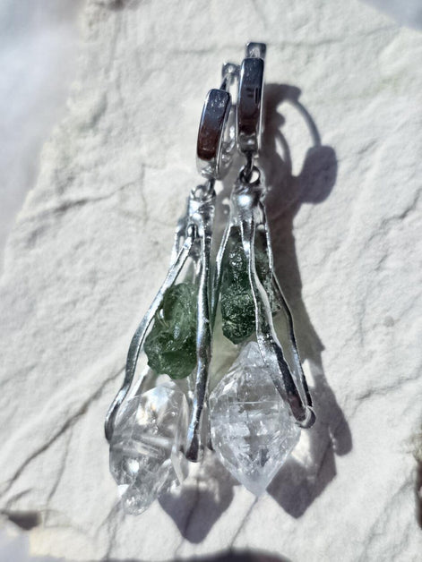 Raw Moldavite & Herkimer Diamond Earrings, Chlum, 0.90g