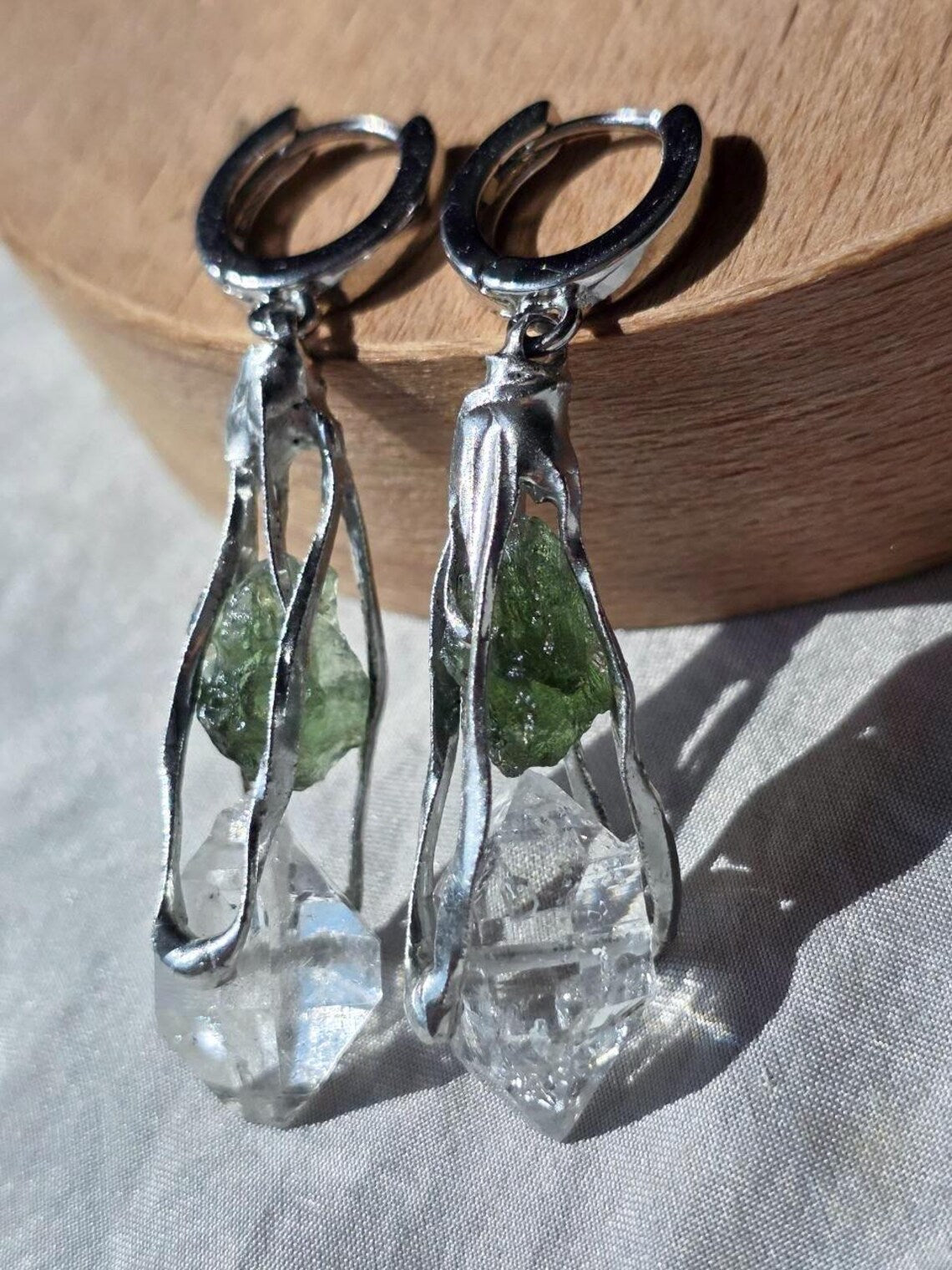 Raw Moldavite & Herkimer Diamond Earrings, Chlum, 0.90g
