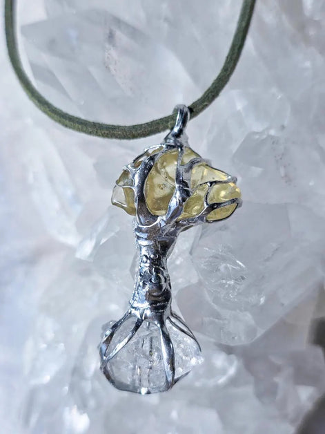 Libyan Desert Glass & Herkimer Diamond Tree Necklace