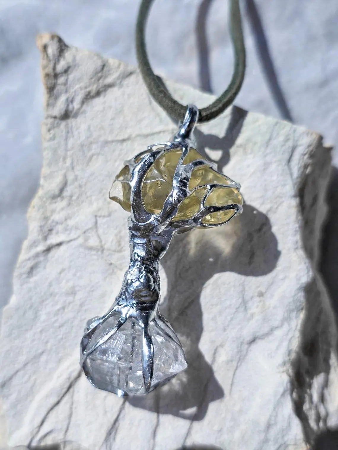Libyan Desert Glass & Herkimer Diamond Tree Necklace