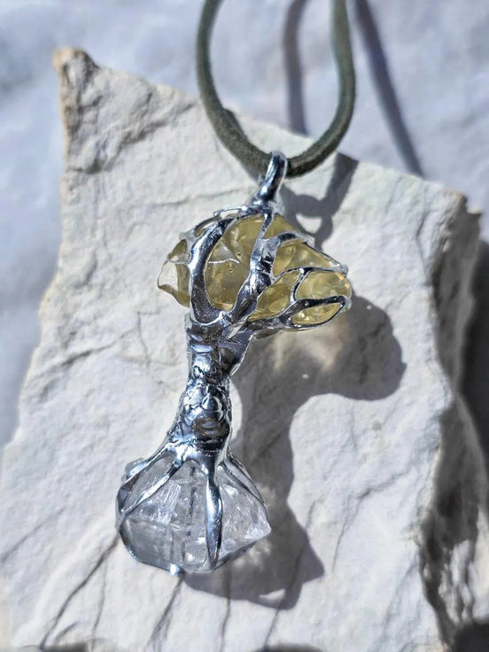 Libyan Desert Glass & Herkimer Diamond Tree Necklace