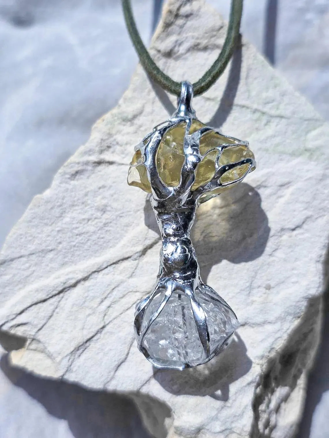 Libyan Desert Glass & Herkimer Diamond Tree Necklace