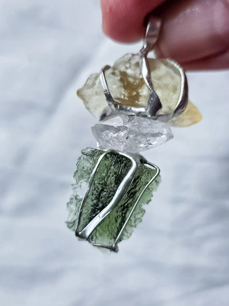Moldavite, Libyan Desert Glass & Herkimer Pendant, 1.50g, Chlum