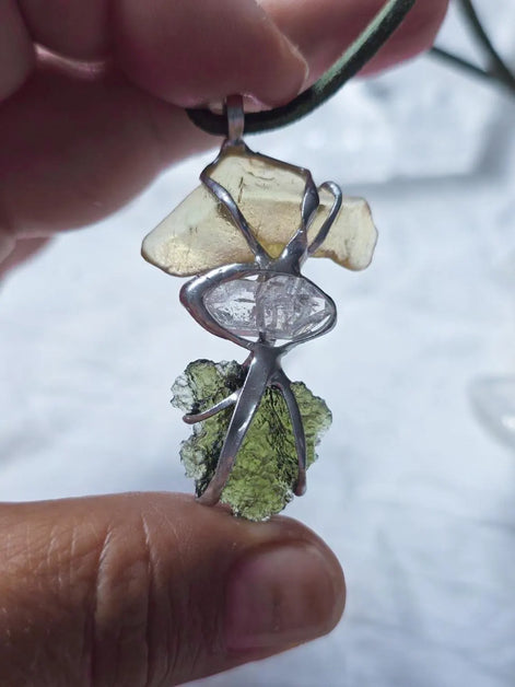 Moldavite, Libyan Desert Glass & Herkimer Pendant, 1.50g, Chlum