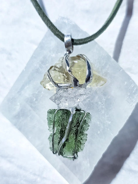 Moldavite, Libyan Desert Glass & Herkimer Pendant, 1.50g, Chlum