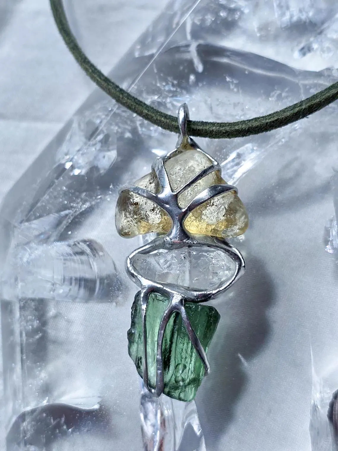 Moldavite, Libyan Desert Glass & Herkimer Pendant, 1.50g, Chlum