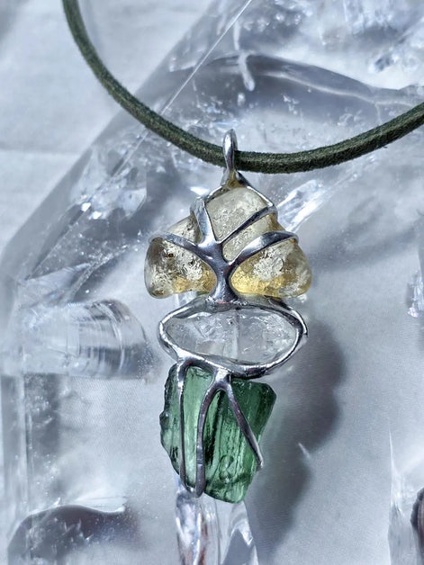 Moldavite, Libyan Desert Glass & Herkimer Pendant, 1.50g, Chlum