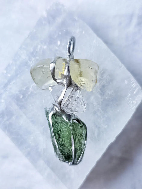 Moldavite, Libyan Desert Glass & Herkimer Pendant, 1.50g, Chlum