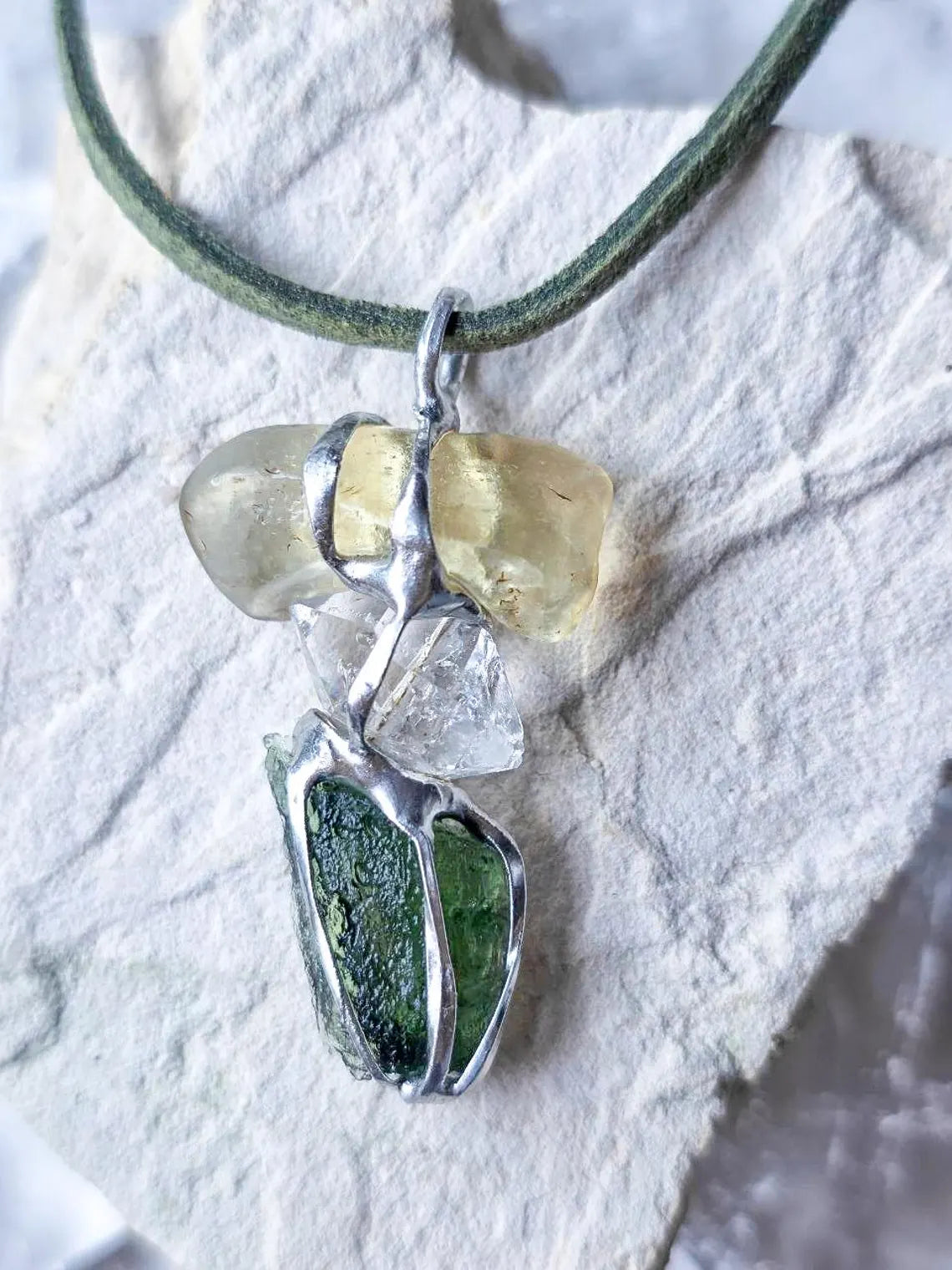 Moldavite, Libyan Desert Glass & Herkimer Pendant, 1.50g, Chlum