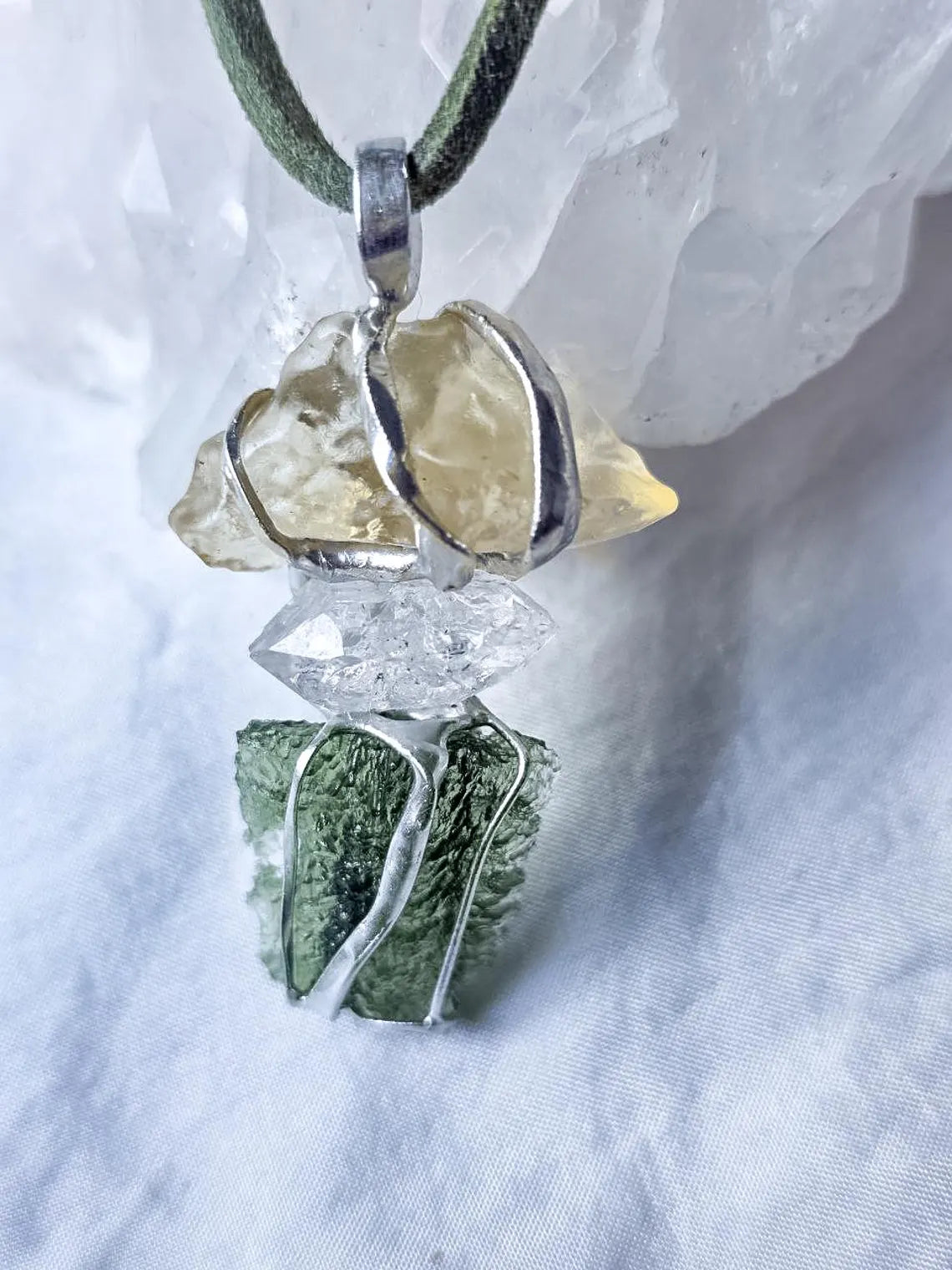 Moldavite, Libyan Desert Glass & Herkimer Pendant, 1.50g, Chlum