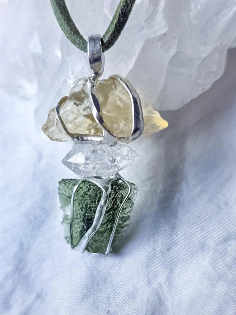 Moldavite, Libyan Desert Glass & Herkimer Pendant, 1.50g, Chlum