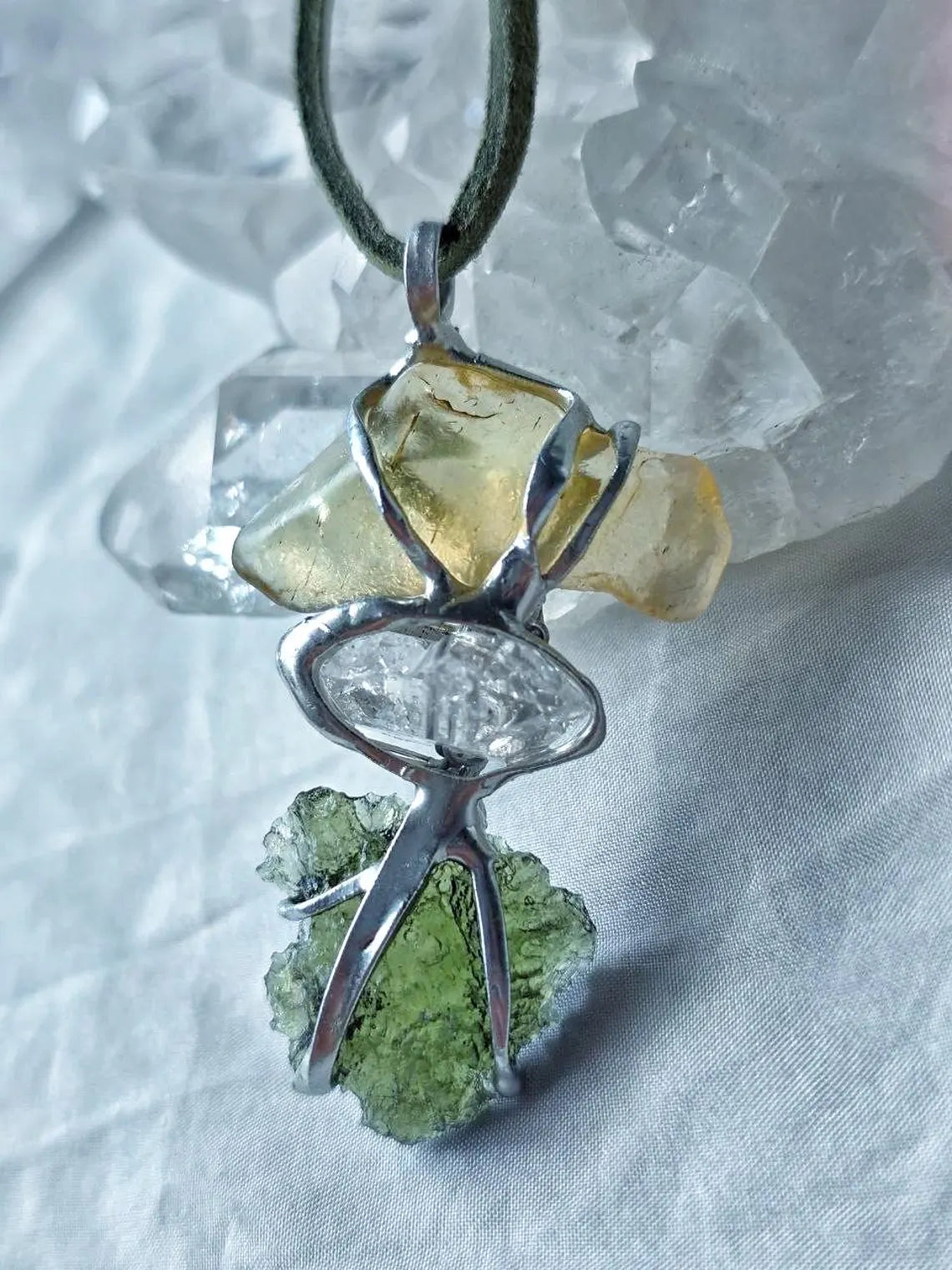 Moldavite, Libyan Desert Glass & Herkimer Pendant, 1.50g, Chlum