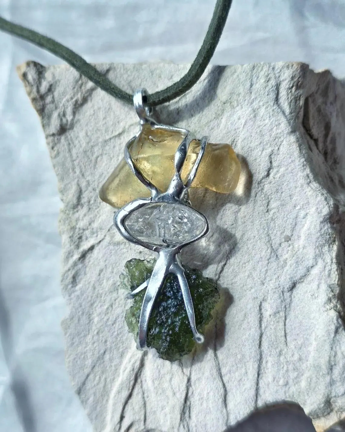 Moldavite, Libyan Desert Glass & Herkimer Pendant, 1.50g, Chlum